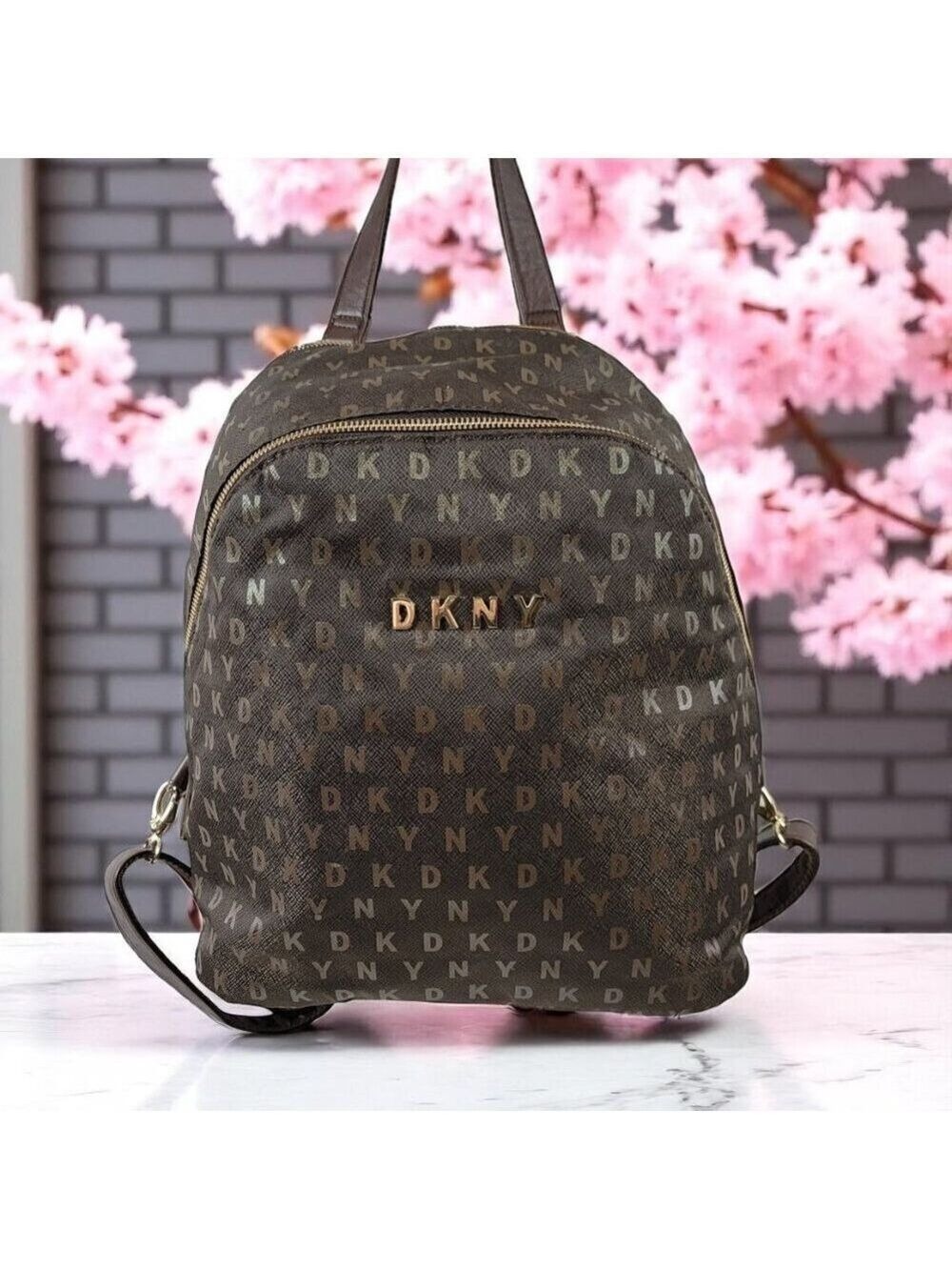 DKNY Logo Monogram Backpack | Brown Faux Leather Bookbag